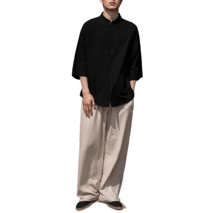 Men's Oversized Shirt in Kimono Style made of Linen-Cotton Mix with Stand-Up Collar Mune Fashion