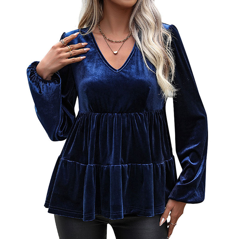 Women's velvet tunic with V-neck, tiered skirt look and balloon sleeves Mune Fashion
