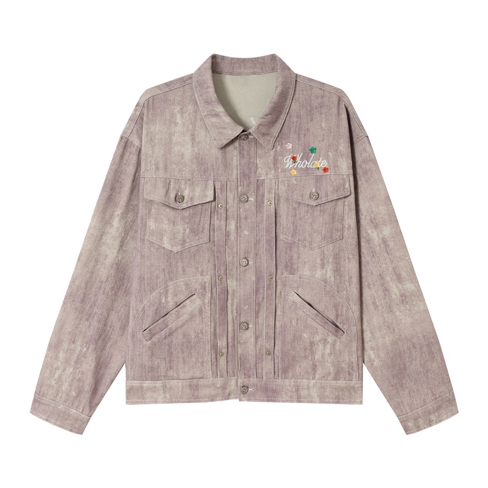 Unisex Boxy Denim Jacket with Acid Wash Effect, Flap Pockets and Floral Chest Embroidery Mune Fashion