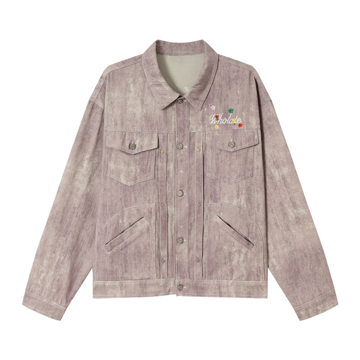 Unisex Boxy Denim Jacket with Acid Wash Effect, Flap Pockets and Floral Chest Embroidery Mune Fashion