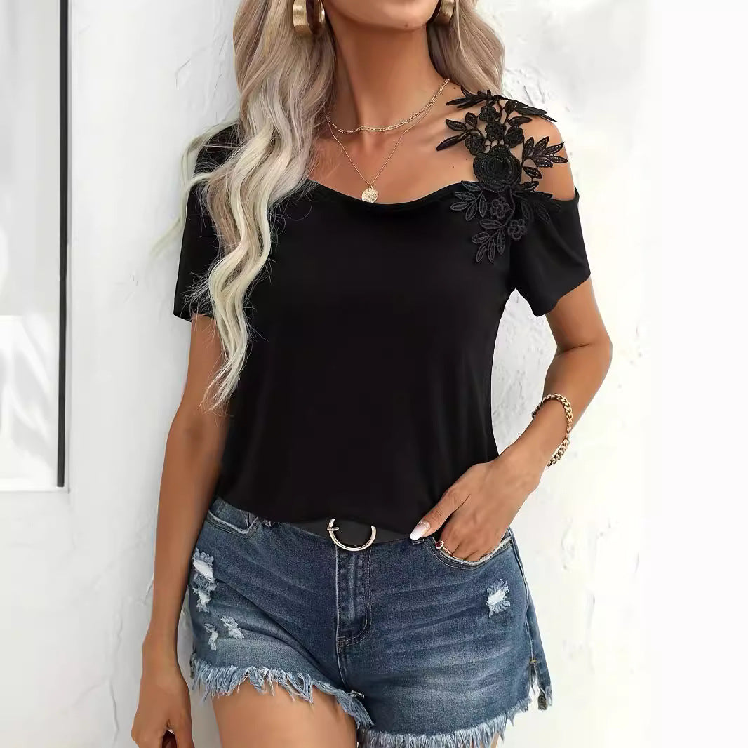 Women's off-the-shoulder jersey shirt with floral lace application and loose fit Mune Fashion