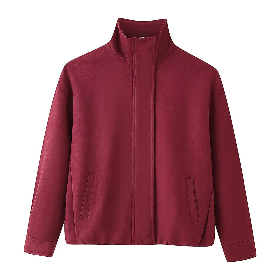 Women's Short Boxy Jacket with Funnel Collar and Concealed Front Mune Fashion