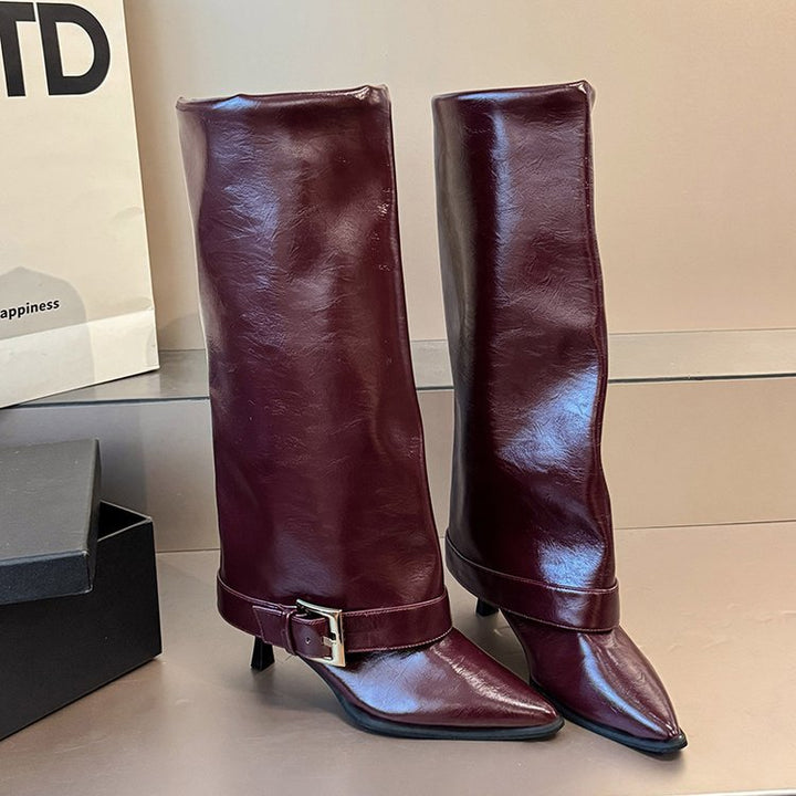 Women knee boots with pointed toe, slim shaft and decorative buckle application Mune Fashion