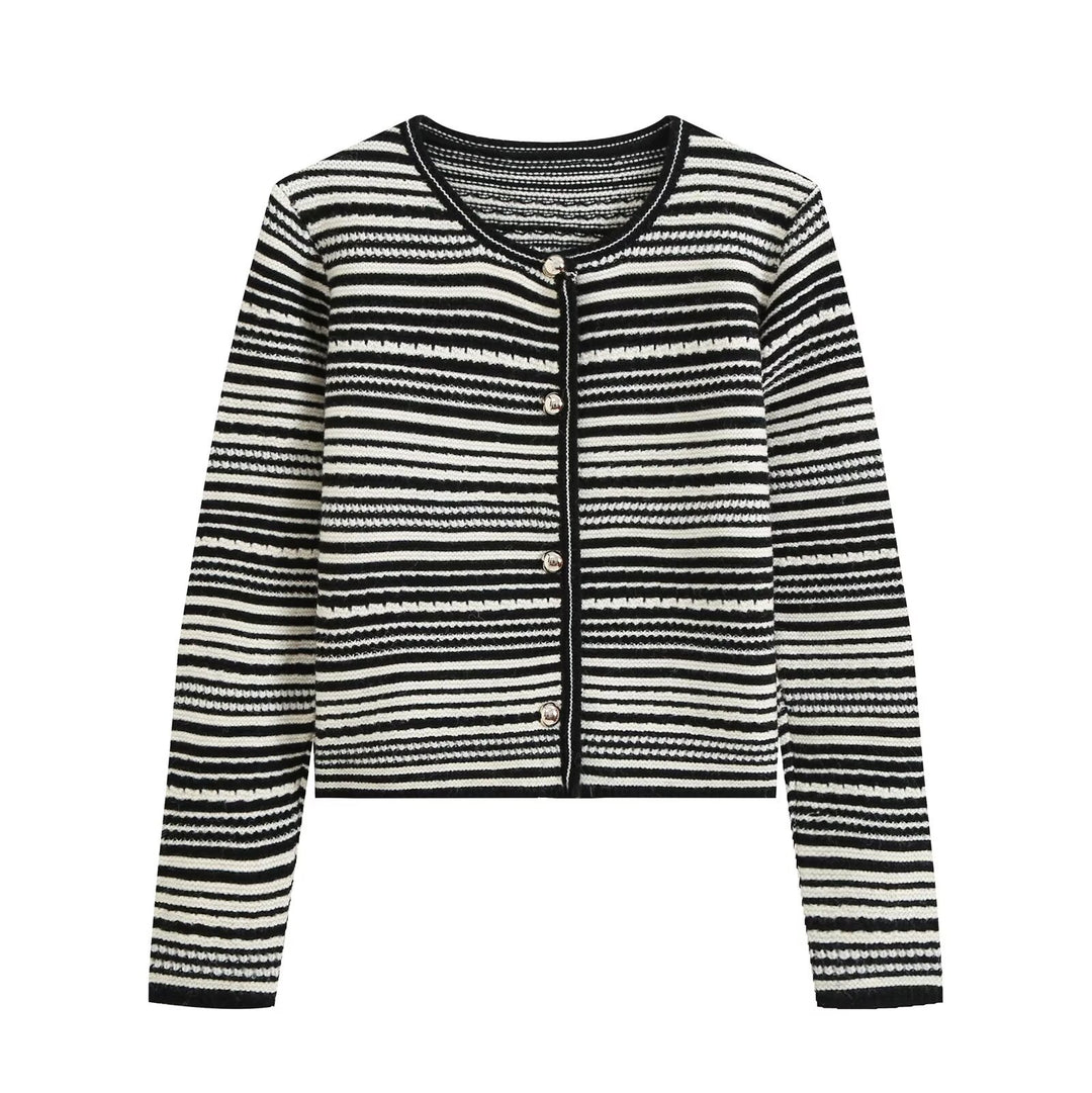 Women's Structured Stripe Fine Knit Cardigan with Decorative Buttons Mune Fashion
