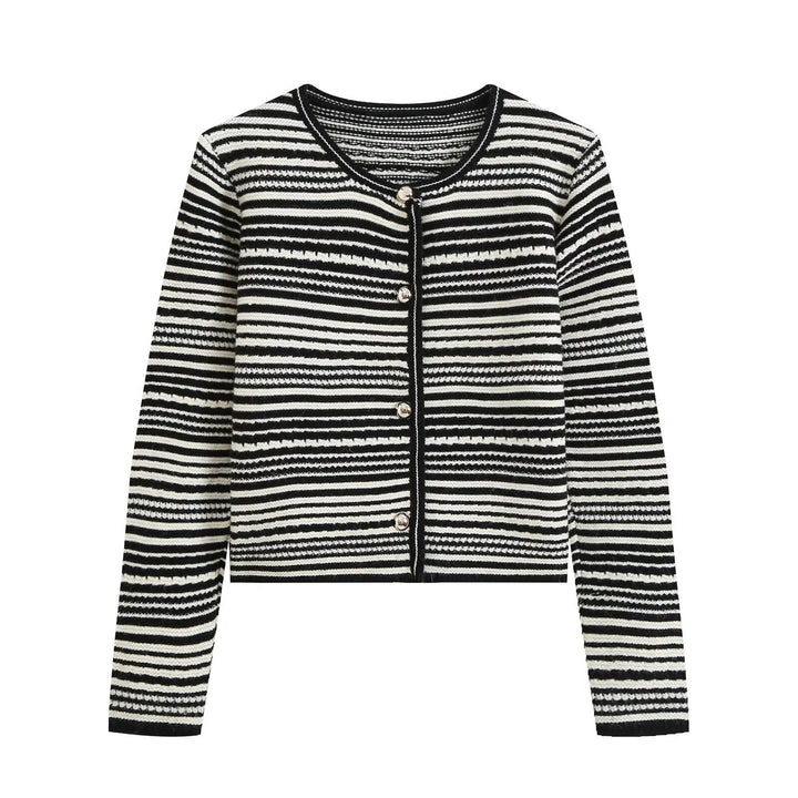Women's Structured Stripe Fine Knit Cardigan with Decorative Buttons Mune Fashion