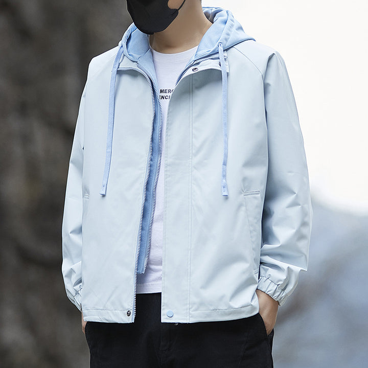 Men's Lightweight Hooded Rain Jacket in Bomber Style with Concealed Zipper and Elastic Cuffs Mune Fashion