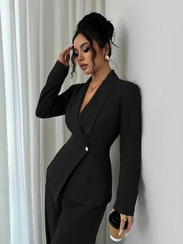 Women's tailored business blazer with shawl collar, belt waist and single-button closure Mune Fashion