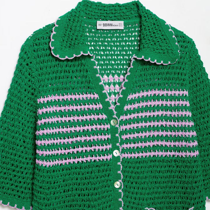 Ladies crochet cardigan with short sleeves, button placket and vintage collar Mune Fashion