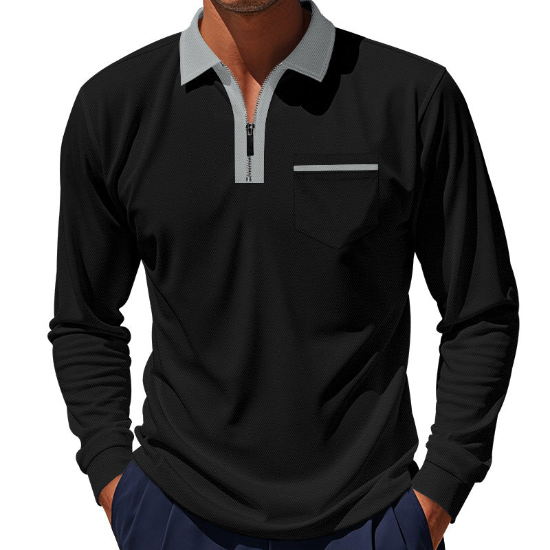 Men's long-sleeved zip polo shirt with chest pocket and contrast collar Mune Fashion