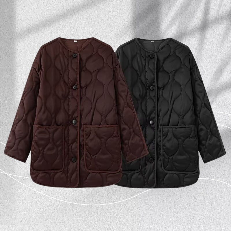 Women Longline Quilted Jacket with Round Neck, Button Placket and Patch Pockets Mune Fashion