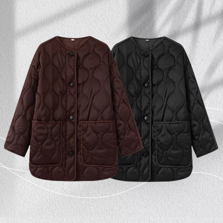 Women Longline Quilted Jacket with Round Neck, Button Placket and Patch Pockets Mune Fashion