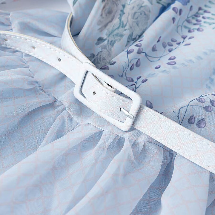 Women's maxi dress with stand-up collar, bell sleeves, floral print and tie belt Mune Fashion