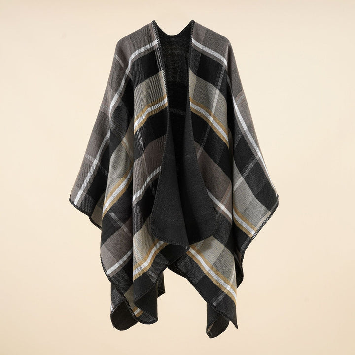 Women's Oversize Rectangle Poncho in Cape Look with Overlock Hem and Check Pattern Mune Fashion