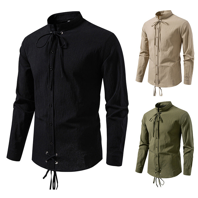 Men's Tailored Long Sleeve Shirt with Stand-Up Collar and Decorative Lacing Mune Fashion