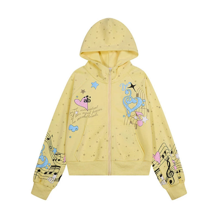 Women's Hooded Sweat Jacket with Front Zipper, Musical Print and Star Design Mune Fashion