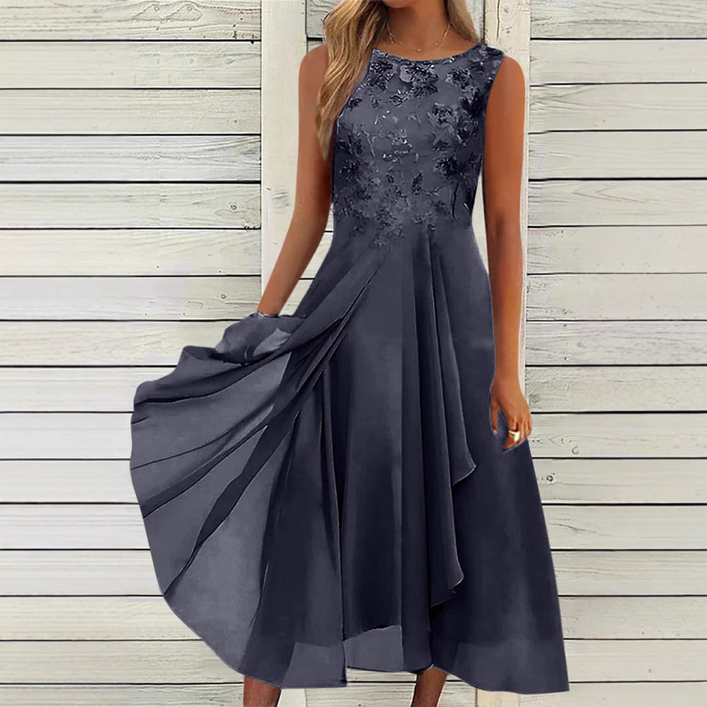 Women’s sleeveless chiffon midi dress with embroidered bodice and asymmetric layered skirt Mune Fashion
