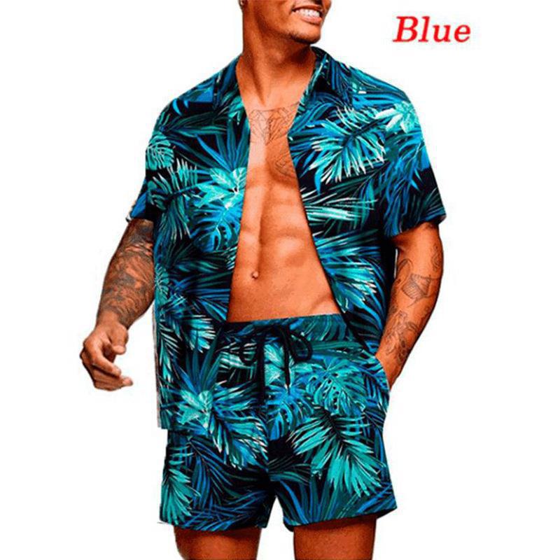Men's tropical short sleeve shirt and swim shorts set with lapel collar, drawstring, and practical side pockets Mune Fashion