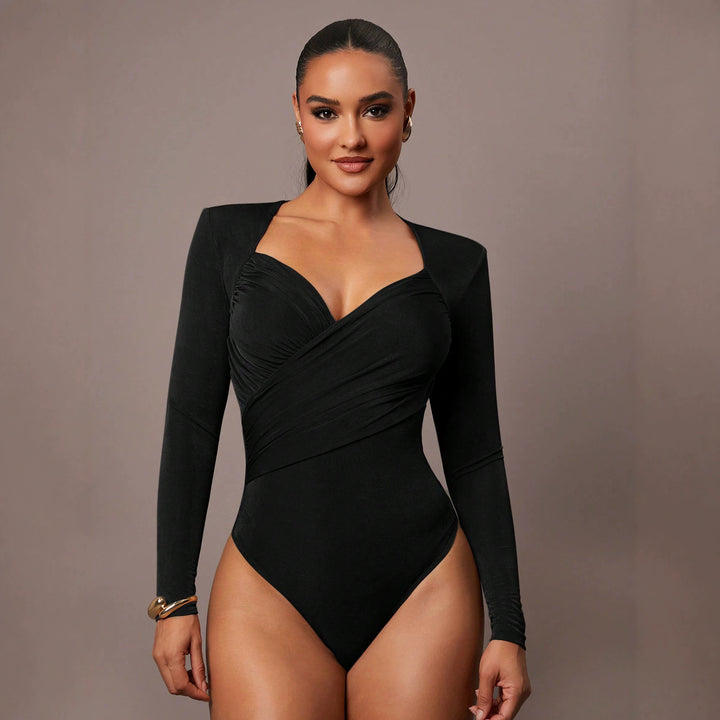 Women's Sculpting Body with Wrap Front, Heart Neckline and Long Sleeves Mune Fashion
