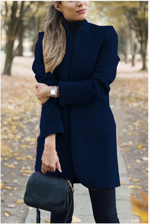 Women's tailored long blazer coat with stand-up collar and concealed fastening Mune Fashion