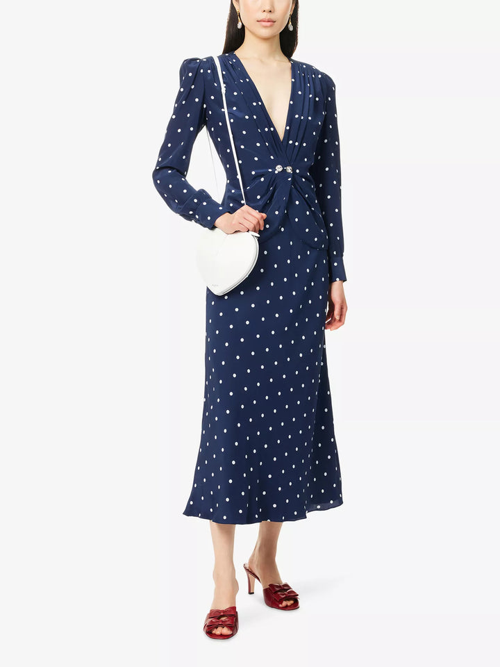 Women's midi dress with polka dot print, deep V-neck, wrap ruching, and long sleeves Drune