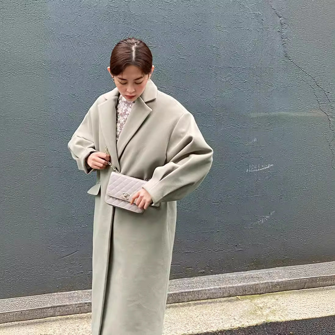 Women Longline Wool Blend Coat with boxy oversized fit and clean lapel Mune Fashion
