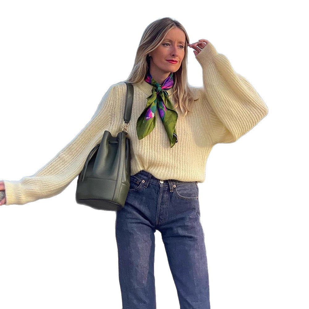 Women's Oversize Mohair Blend Sweater with Balloon Sleeves and Fine Rib Structure Mune Fashion