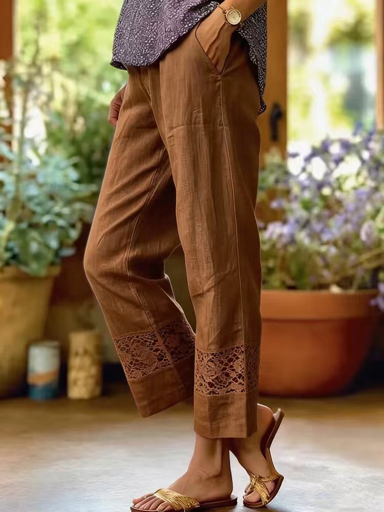 Women's Linen Look Culotte Pants with Lace Insert at Hem and Side Pockets Mune Fashion