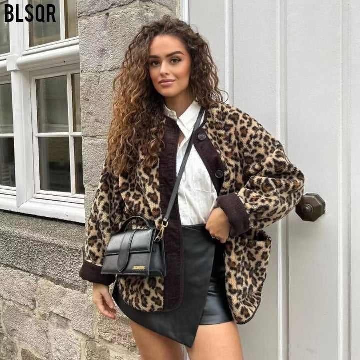 Ladies teddy jacket with leopard print, cord trim and button closure Mune Fashion
