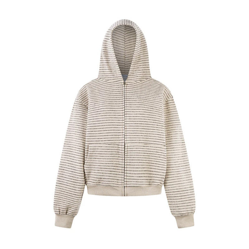 Women's short-cut hooded zip jacket with horizontal stripe relief and elastic waistband Mune Fashion