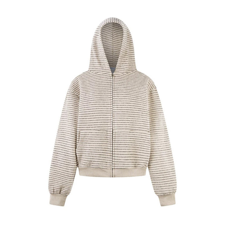 Women's short-cut hooded zip jacket with horizontal stripe relief and elastic waistband Mune Fashion