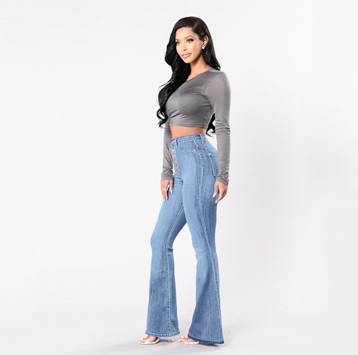 Women's high-waisted bootcut jeans with visible button placket, figure-flattering stretch, and slim thigh Mune Fashion