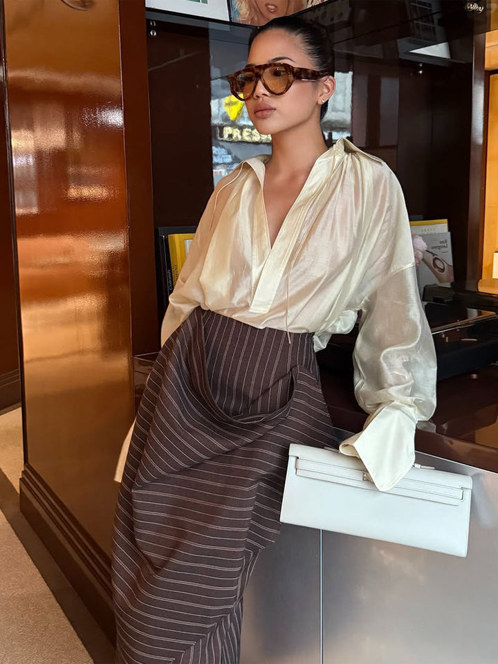 Women's Satin Glossy Oversized Blouse with Deep V-Neck, Wide Cuffs & Casual Silhouette Mune Fashion