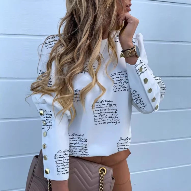 Women round neck blouse made of viscose blend with pineapple print and golden decorative button cuffs Mune Fashion