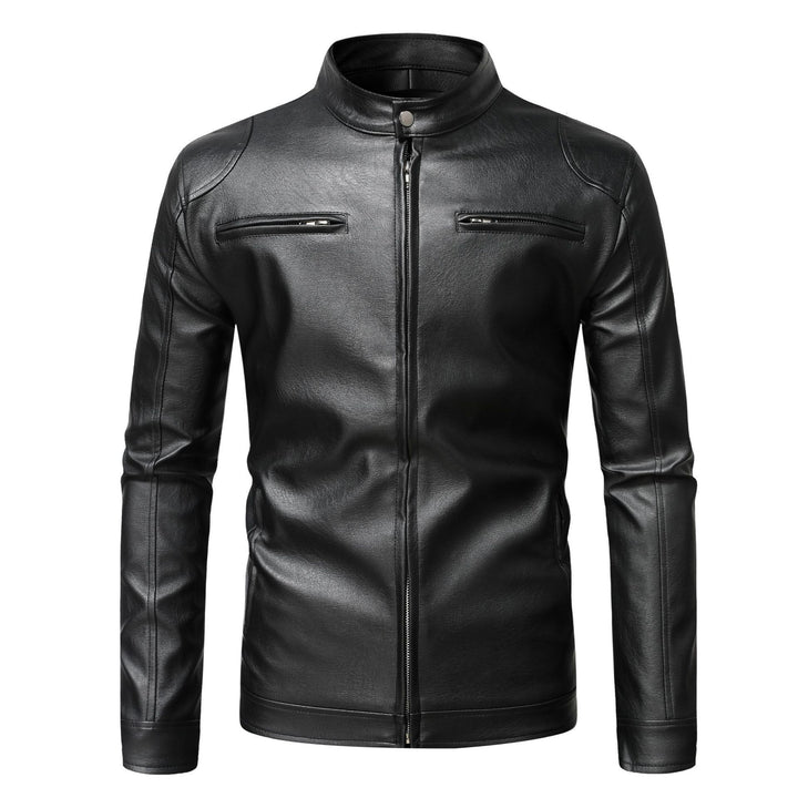Men's Slim Leather Jacket in Urban Biker Style with Stand Collar and Chest Zipper Pockets Mune Fashion