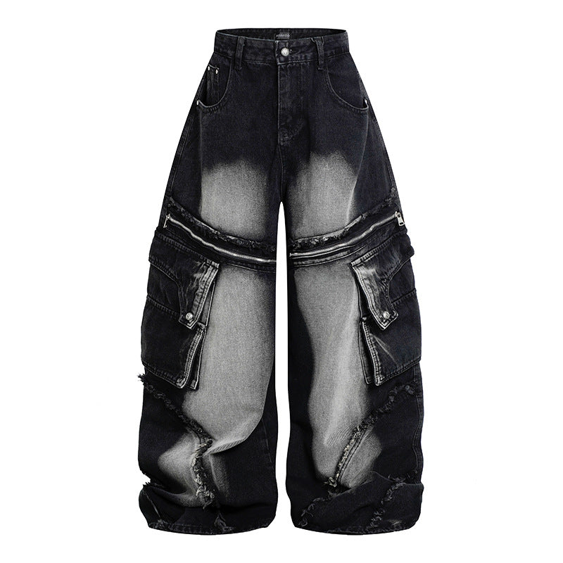 Women's Wide High-Waist Cargo Jeans in Baggy Look with Distressed Details and Zipper Panel Mune Fashion