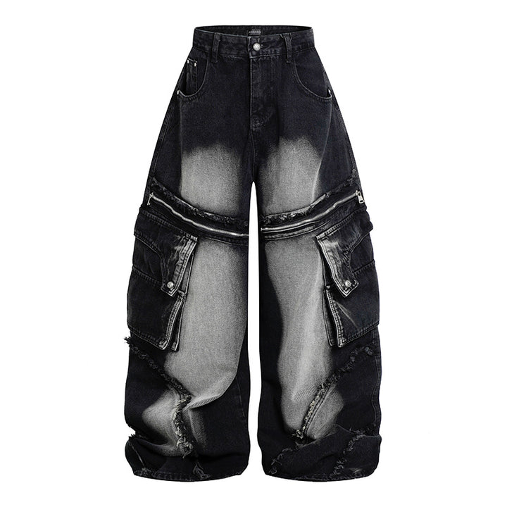 Women's Wide High-Waist Cargo Jeans in Baggy Look with Distressed Details and Zipper Panel Mune Fashion