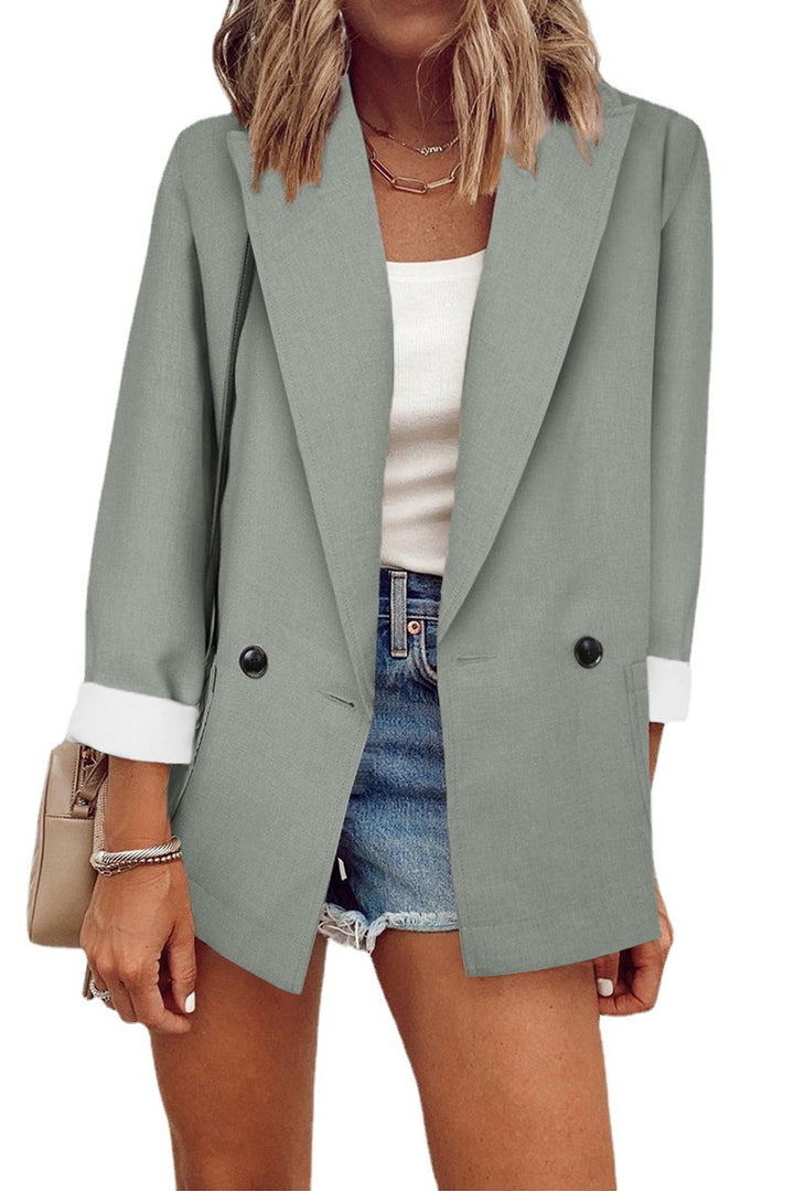 Women's Oversize Longline Blazer with 3/4 Sleeves, Contrast Lapel and Patch Pockets Mune Fashion