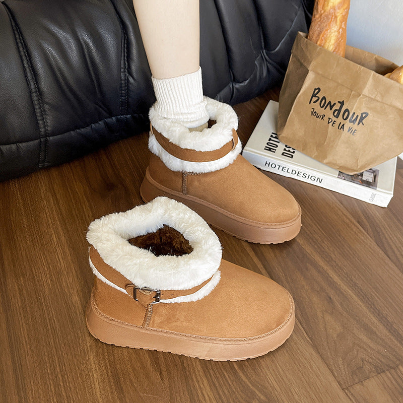 Women Insulated Short Ankle Boots with Teddy Fleece Lining, adjustable buckle strap and treaded rubber sole Mune Fashion