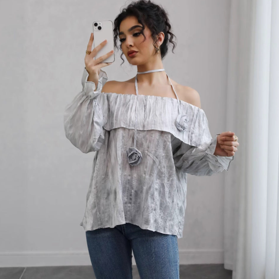 Women Off-Shoulder Crinkle Blouse Top with Ruffles, Balloon Sleeves and Choker Mune Fashion