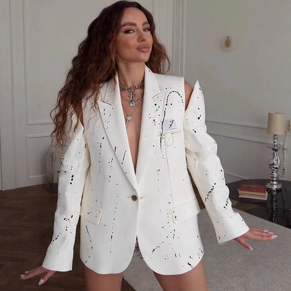 Women's Oversize Blazer with Cut-Out Shoulders and Paint Splatter Look Mune Fashion