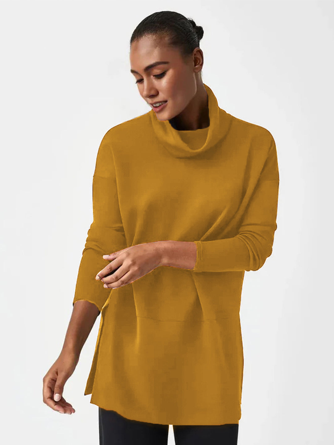 Women's Cozy Funnel Neck Tunic Sweater with Oversized Cut and Side Slits Mune Fashion
