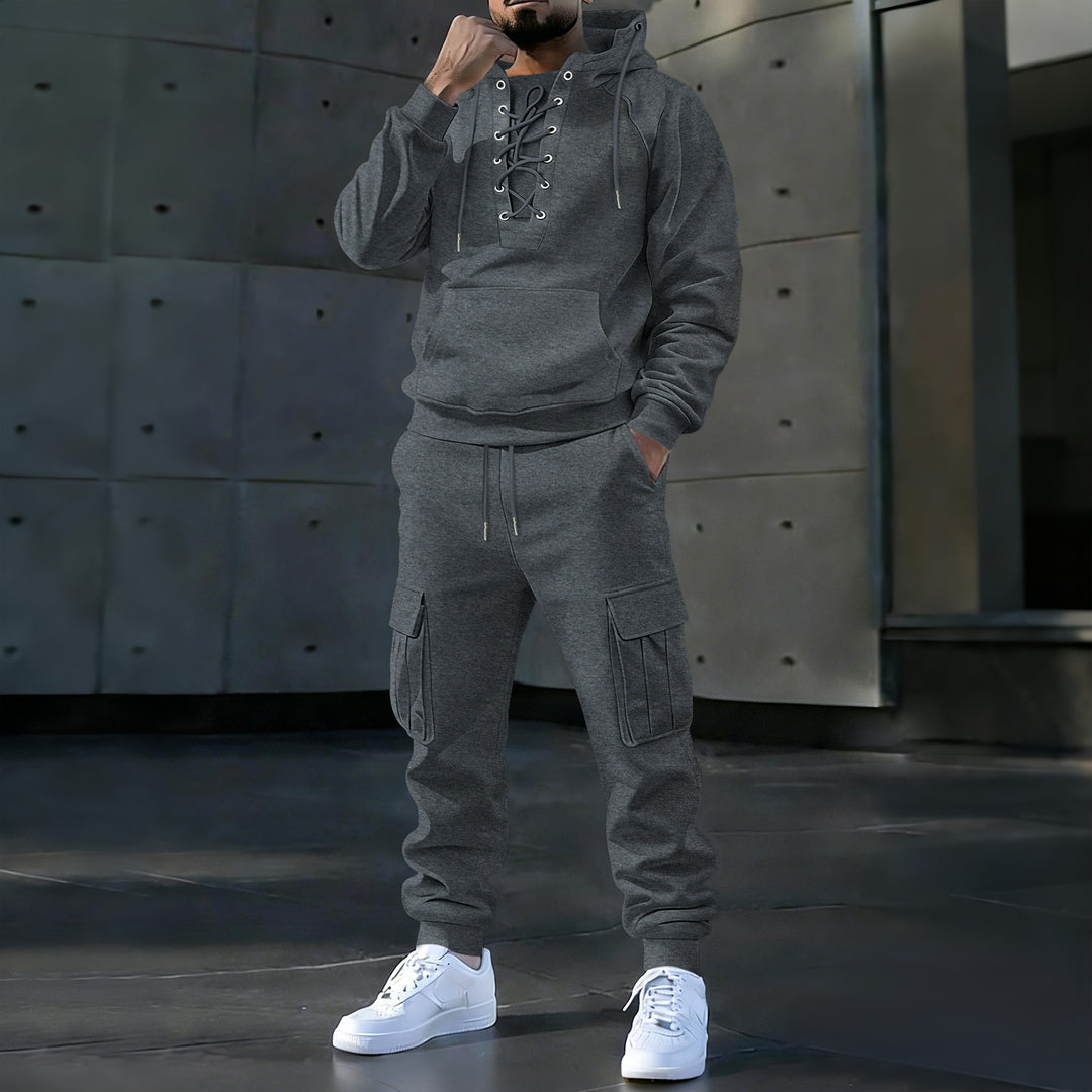 Men's hoodie with distinctive front lacing, kangaroo pocket, and elastic cuffs Mune Fashion