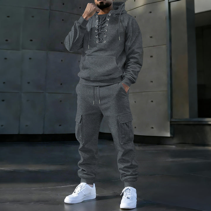 Men's hoodie with distinctive front lacing, kangaroo pocket, and elastic cuffs Mune Fashion