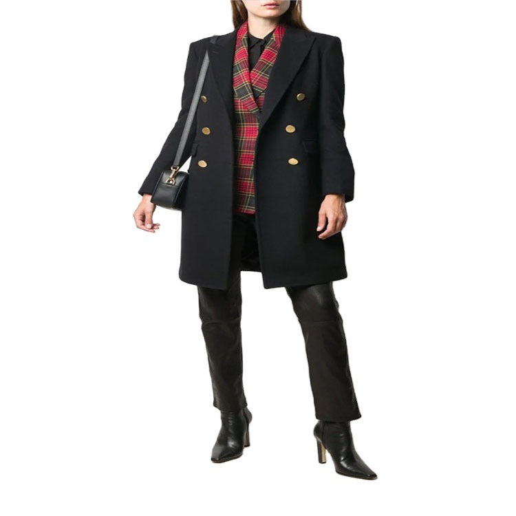 Ladies Knee-Length Double-Breasted Wool Blend Coat with Textured Lapels and Flap Pockets Mune Fashion