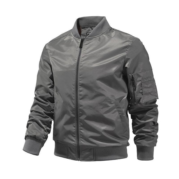 Men's Windproof Nylon Bomber Jacket with Zipper Arm Pocket and Ribbed Cuffs Mune Fashion