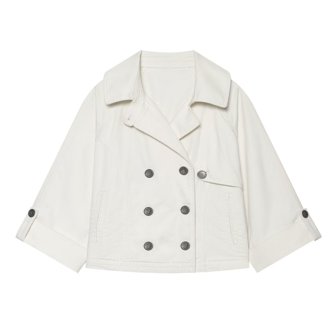 Women's Short Double-Breasted Cape Trench Coat with Dropped Shoulders and Adjustable Sleeve Straps Mune Fashion