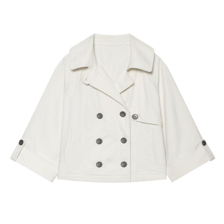 Women's Short Double-Breasted Cape Trench Coat with Dropped Shoulders and Adjustable Sleeve Straps Mune Fashion