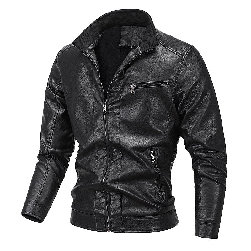 Men's faux leather moto jacket with stand-up collar, distinctive quilted design, and zip pockets Mune Fashion