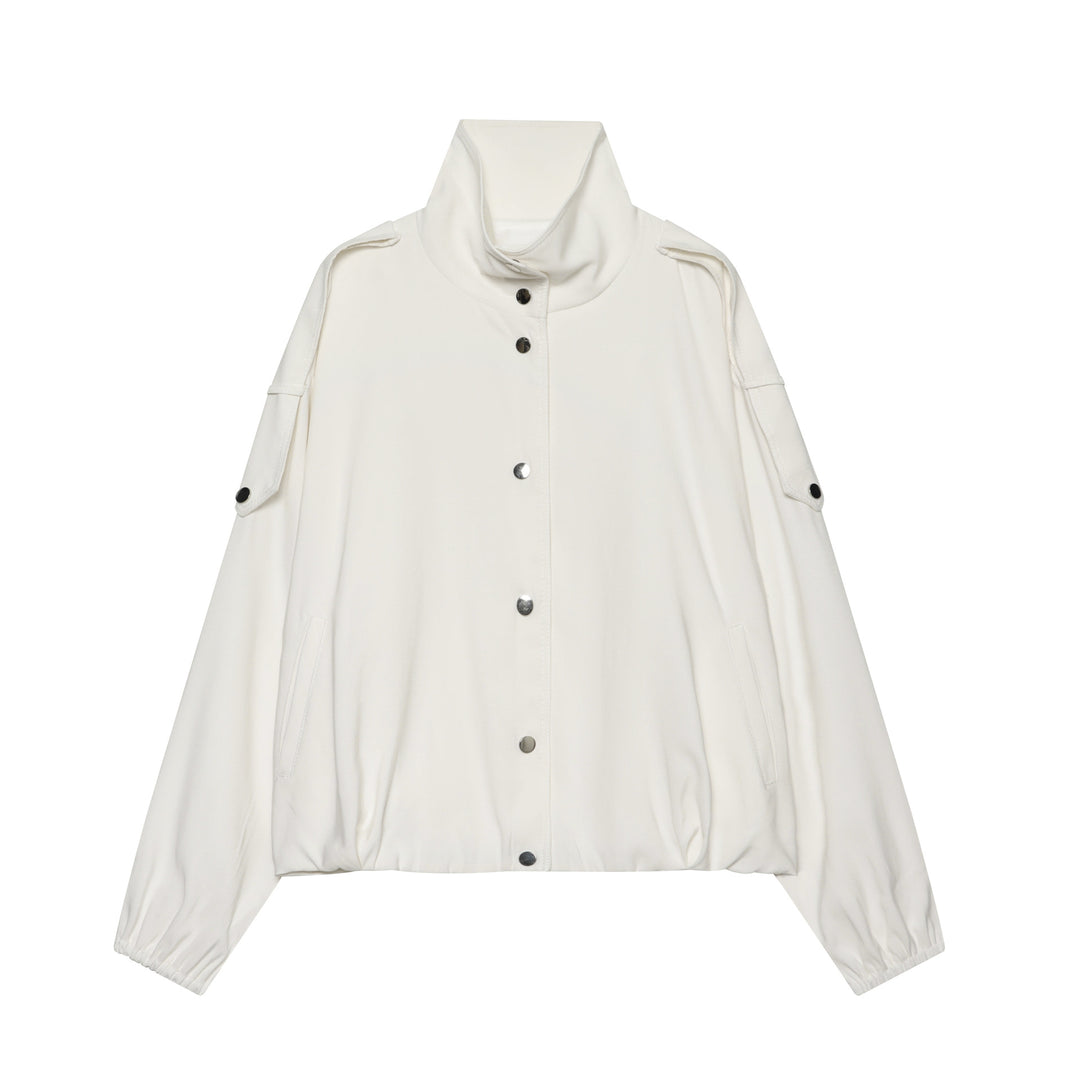 Women's oversized short jacket with high stand-up collar, snap button front, and patch arm pocket Mune Fashion