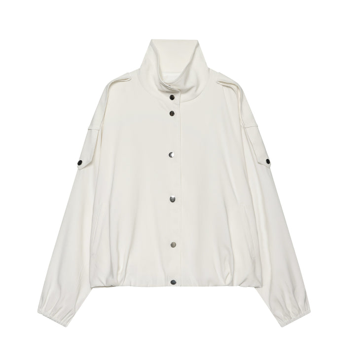 Women's oversized short jacket with high stand-up collar, snap button front, and patch arm pocket Mune Fashion